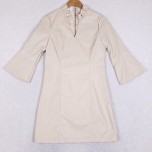 THML Vegan Leather Dress S Ruffle Neck Bell Sleeve Cream Neutral Mod Chic